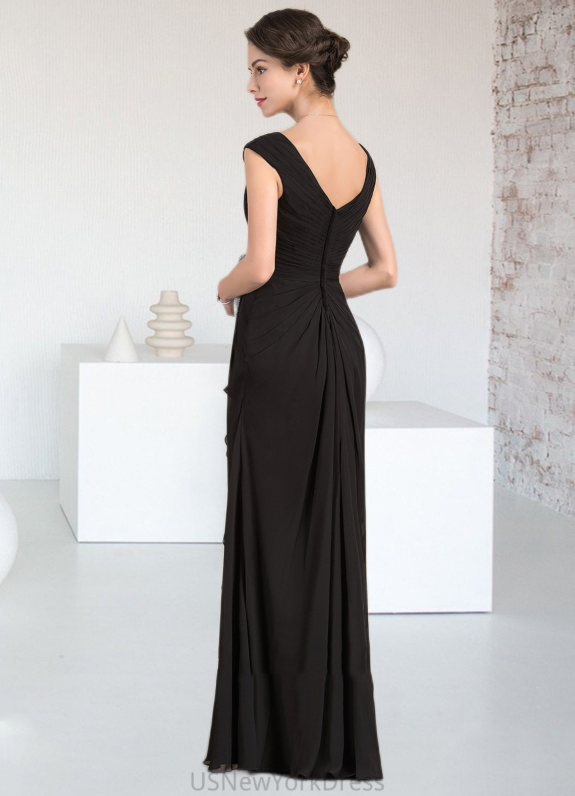 Micah A-Line V-neck Floor-Length Chiffon Mother of the Bride Dress With Beading Split Front Cascading Ruffles DJ126P0014623