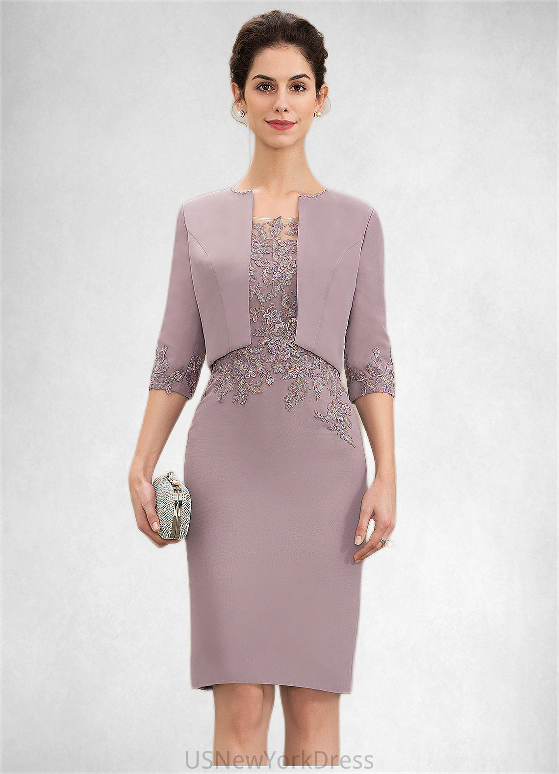 Sherry Sheath/Column Scoop Neck Knee-Length Chiffon Lace Mother of the Bride Dress DJ126P0014624