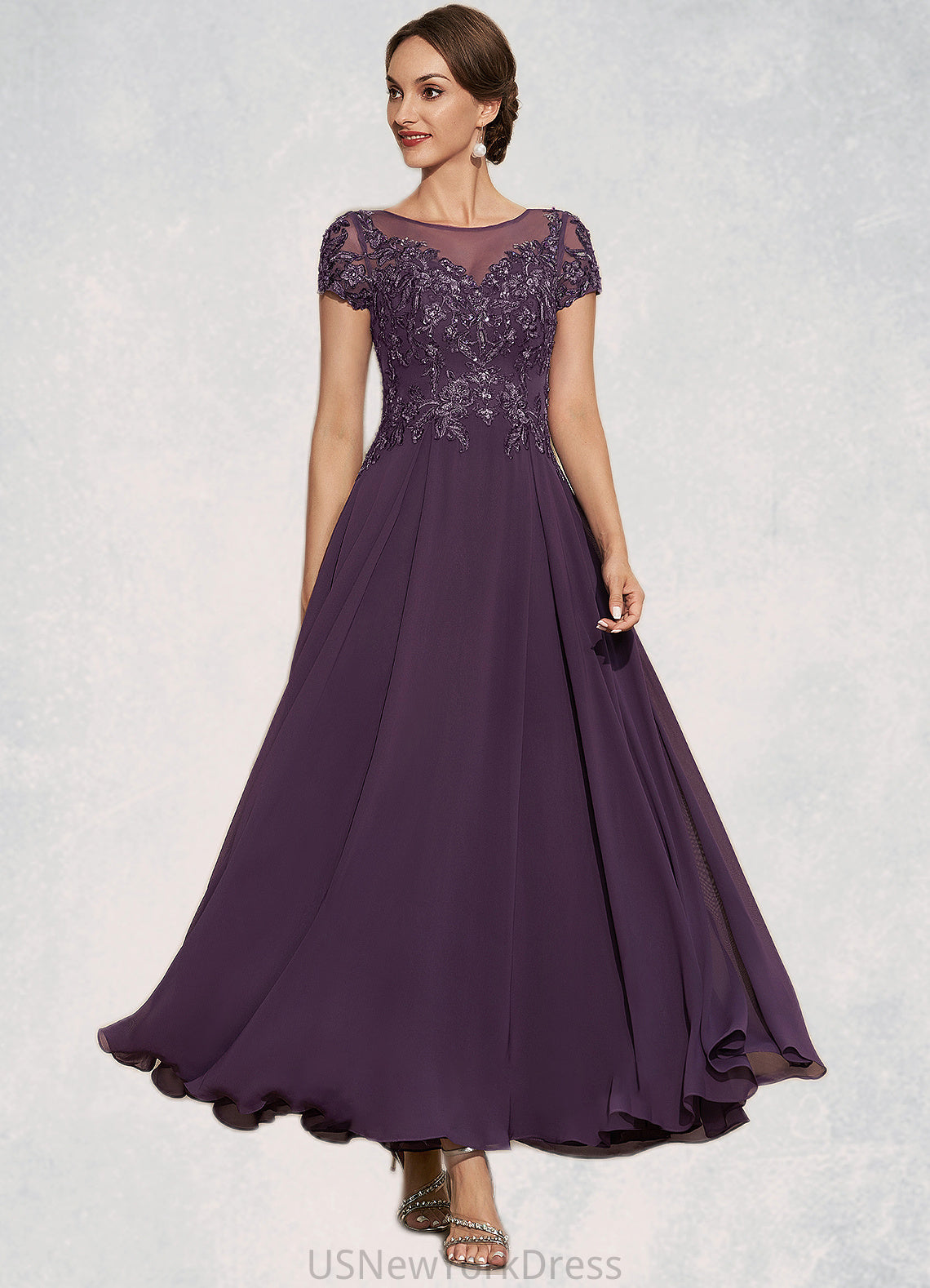 Naomi A-Line Scoop Neck Ankle-Length Chiffon Lace Mother of the Bride Dress With Sequins DJ126P0014626