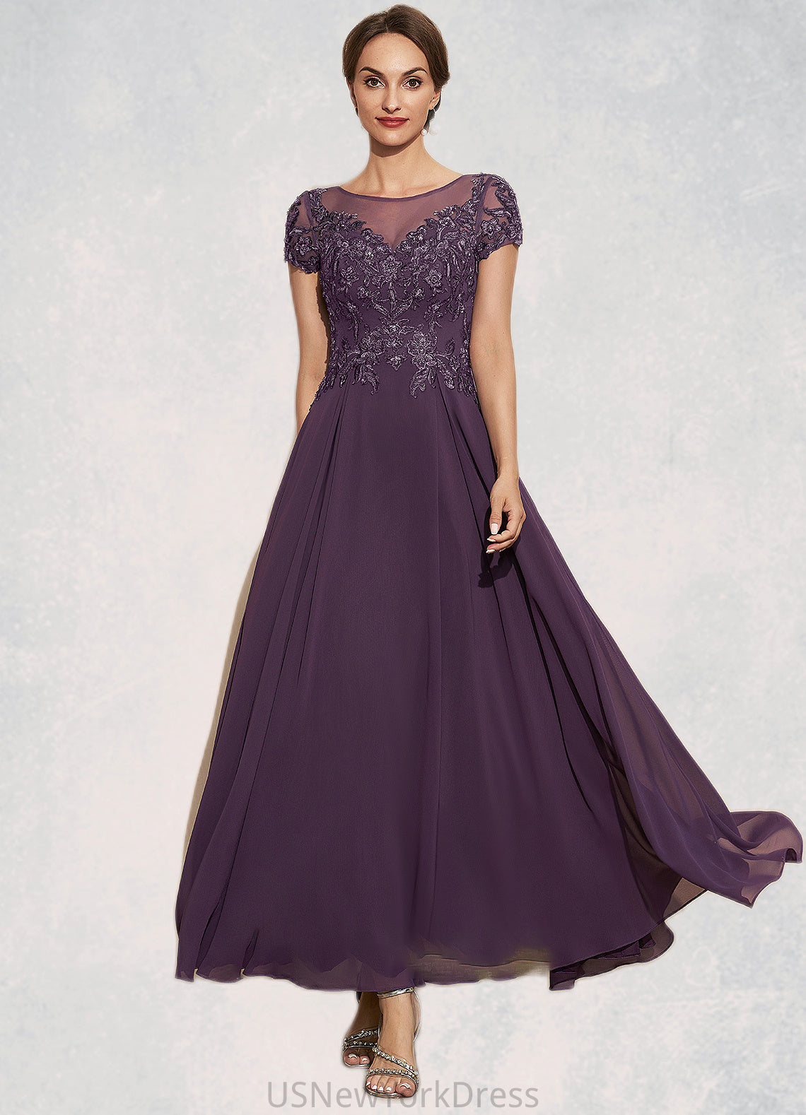 Naomi A-Line Scoop Neck Ankle-Length Chiffon Lace Mother of the Bride Dress With Sequins DJ126P0014626