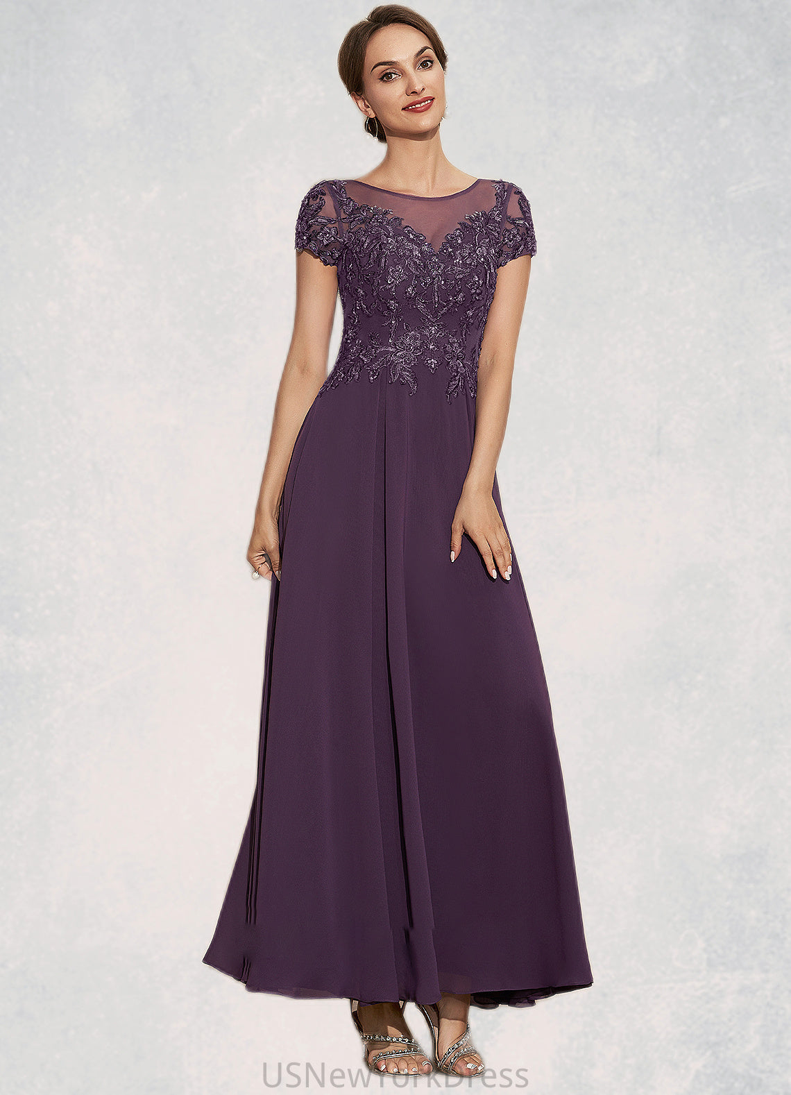 Naomi A-Line Scoop Neck Ankle-Length Chiffon Lace Mother of the Bride Dress With Sequins DJ126P0014626