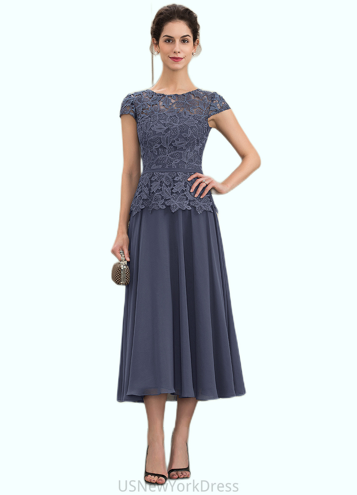 Lillian A-Line Scoop Neck Tea-Length Chiffon Lace Mother of the Bride Dress DJ126P0014627