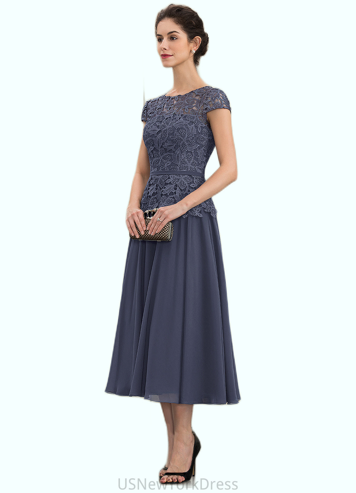 Lillian A-Line Scoop Neck Tea-Length Chiffon Lace Mother of the Bride Dress DJ126P0014627