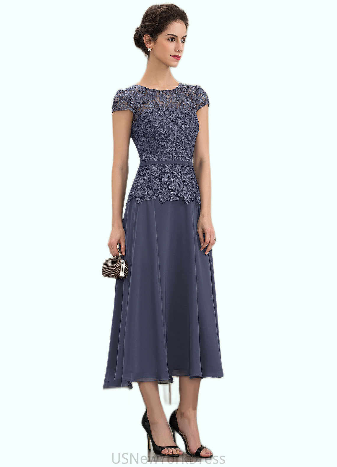 Lillian A-Line Scoop Neck Tea-Length Chiffon Lace Mother of the Bride Dress DJ126P0014627