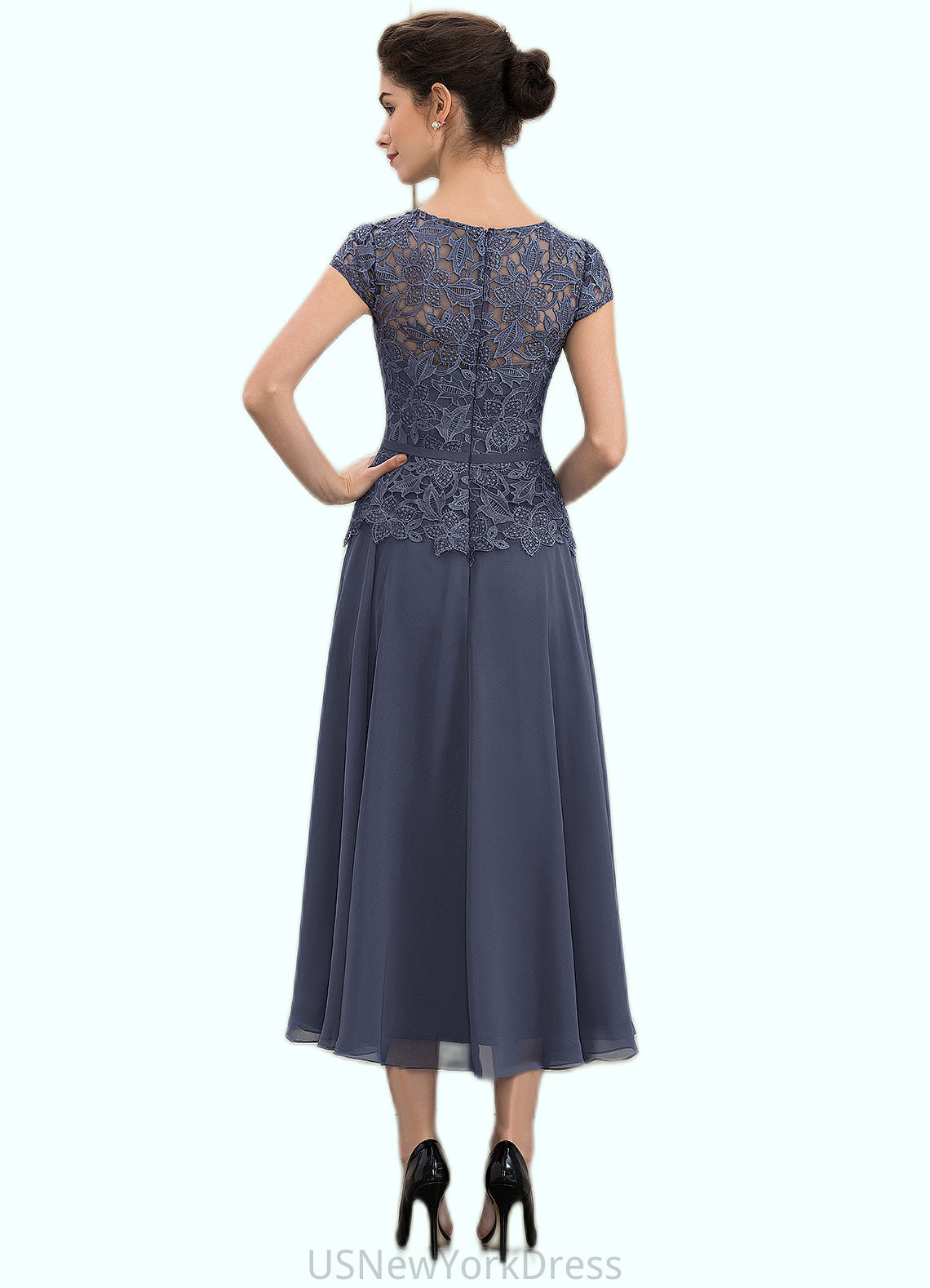 Lillian A-Line Scoop Neck Tea-Length Chiffon Lace Mother of the Bride Dress DJ126P0014627