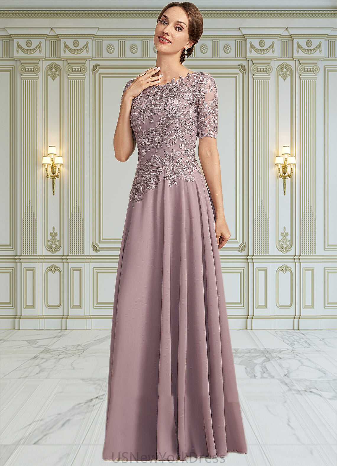 Bella A-Line Scoop Neck Floor-Length Chiffon Lace Mother of the Bride Dress DJ126P0014628