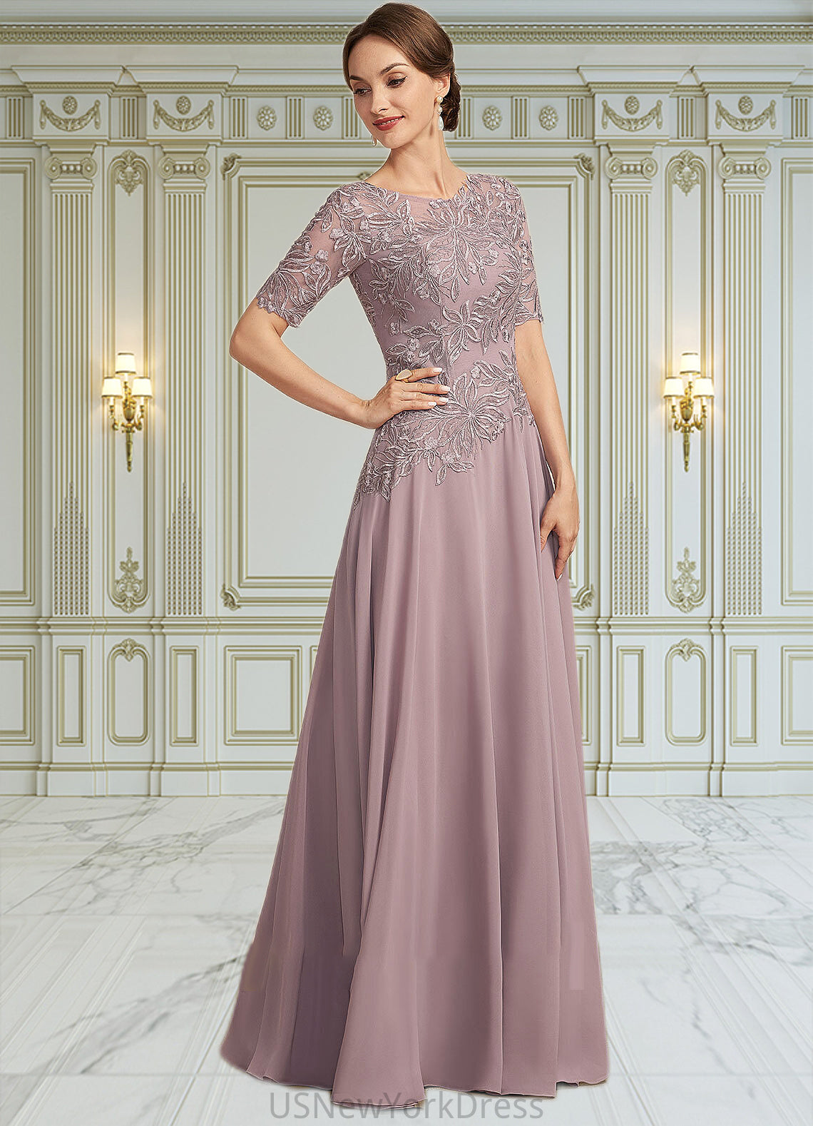 Bella A-Line Scoop Neck Floor-Length Chiffon Lace Mother of the Bride Dress DJ126P0014628