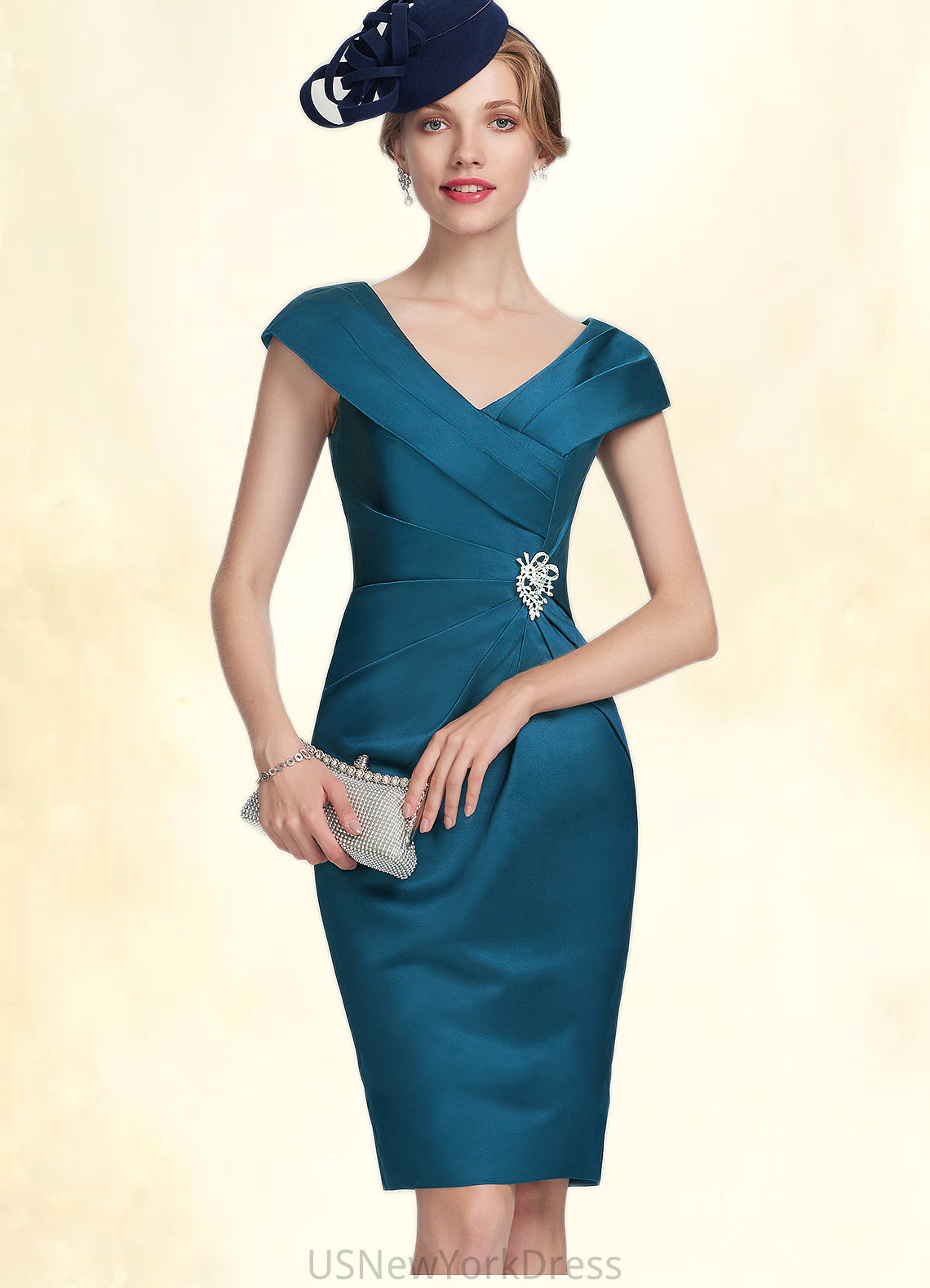 Penny Sheath/Column V-neck Knee-Length Satin Mother of the Bride Dress With Ruffle Beading DJ126P0014631