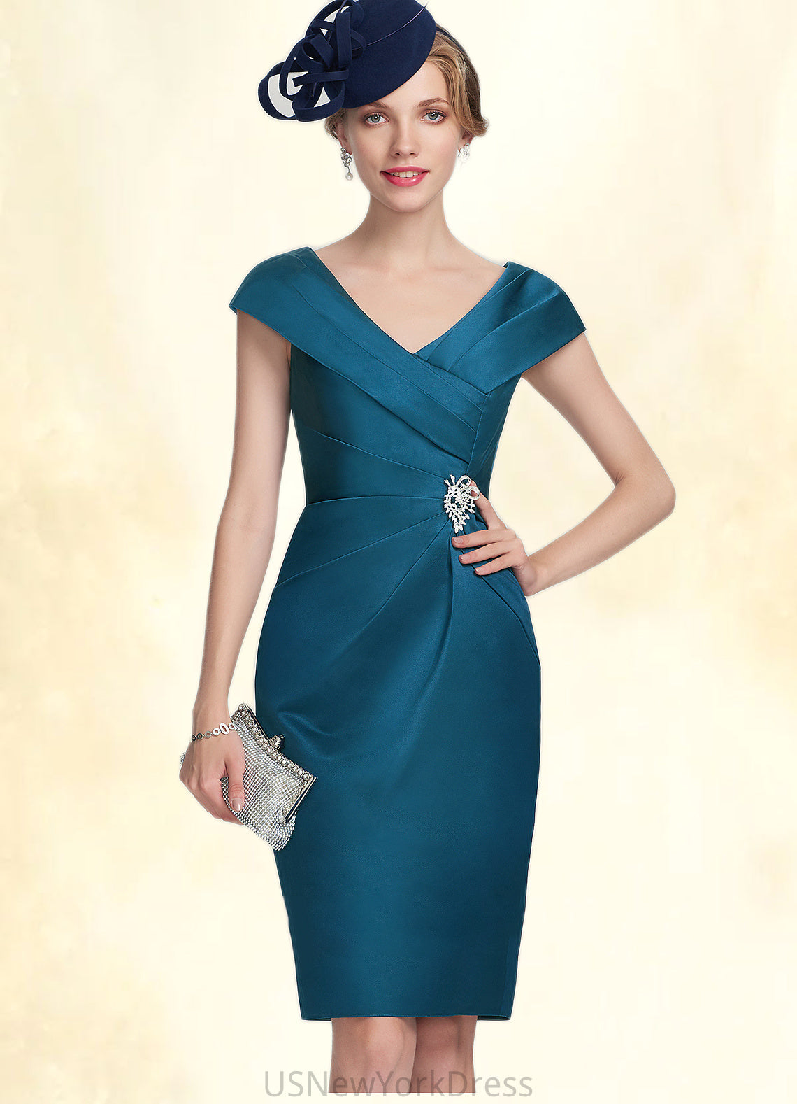 Penny Sheath/Column V-neck Knee-Length Satin Mother of the Bride Dress With Ruffle Beading DJ126P0014631