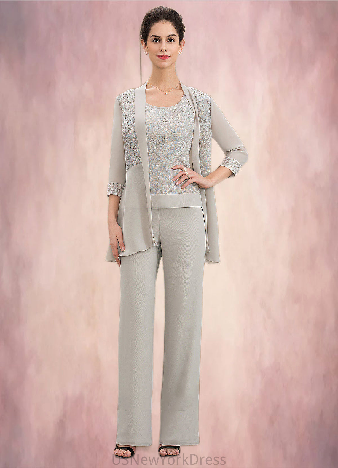 Mildred Jumpsuit/Pantsuit Scoop Neck Floor-Length Chiffon Lace Mother of the Bride Dress DJ126P0014632