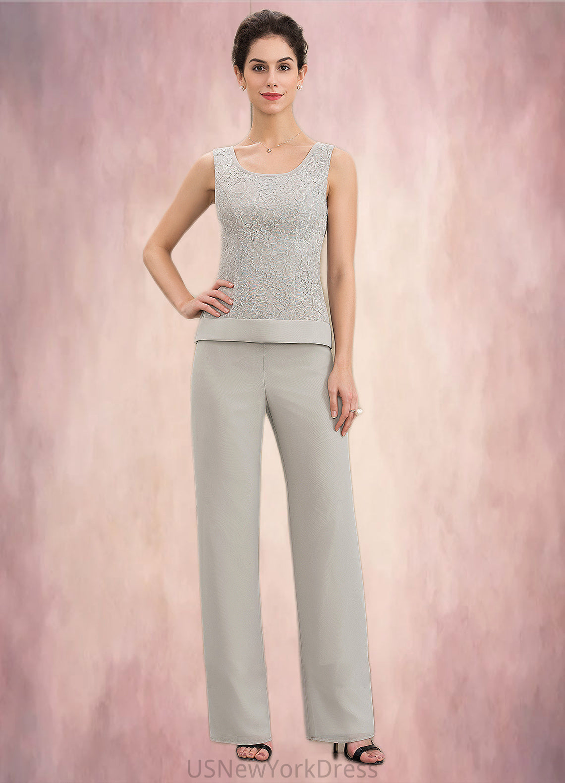 Mildred Jumpsuit/Pantsuit Scoop Neck Floor-Length Chiffon Lace Mother of the Bride Dress DJ126P0014632