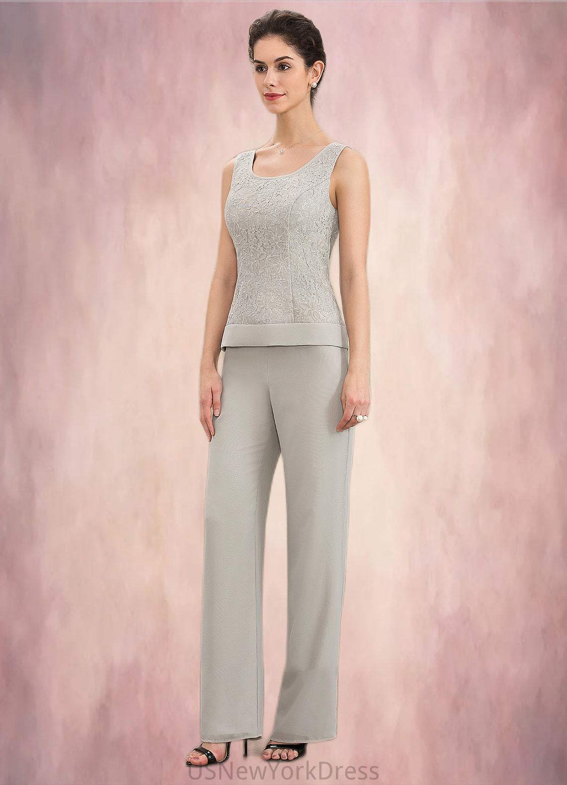 Mildred Jumpsuit/Pantsuit Scoop Neck Floor-Length Chiffon Lace Mother of the Bride Dress DJ126P0014632