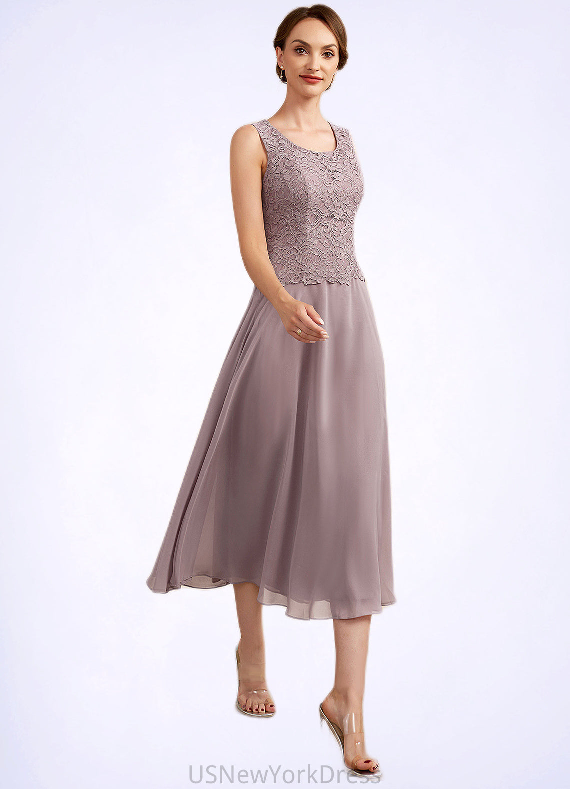 Nola A-Line Scoop Neck Tea-Length Chiffon Lace Mother of the Bride Dress DJ126P0014633