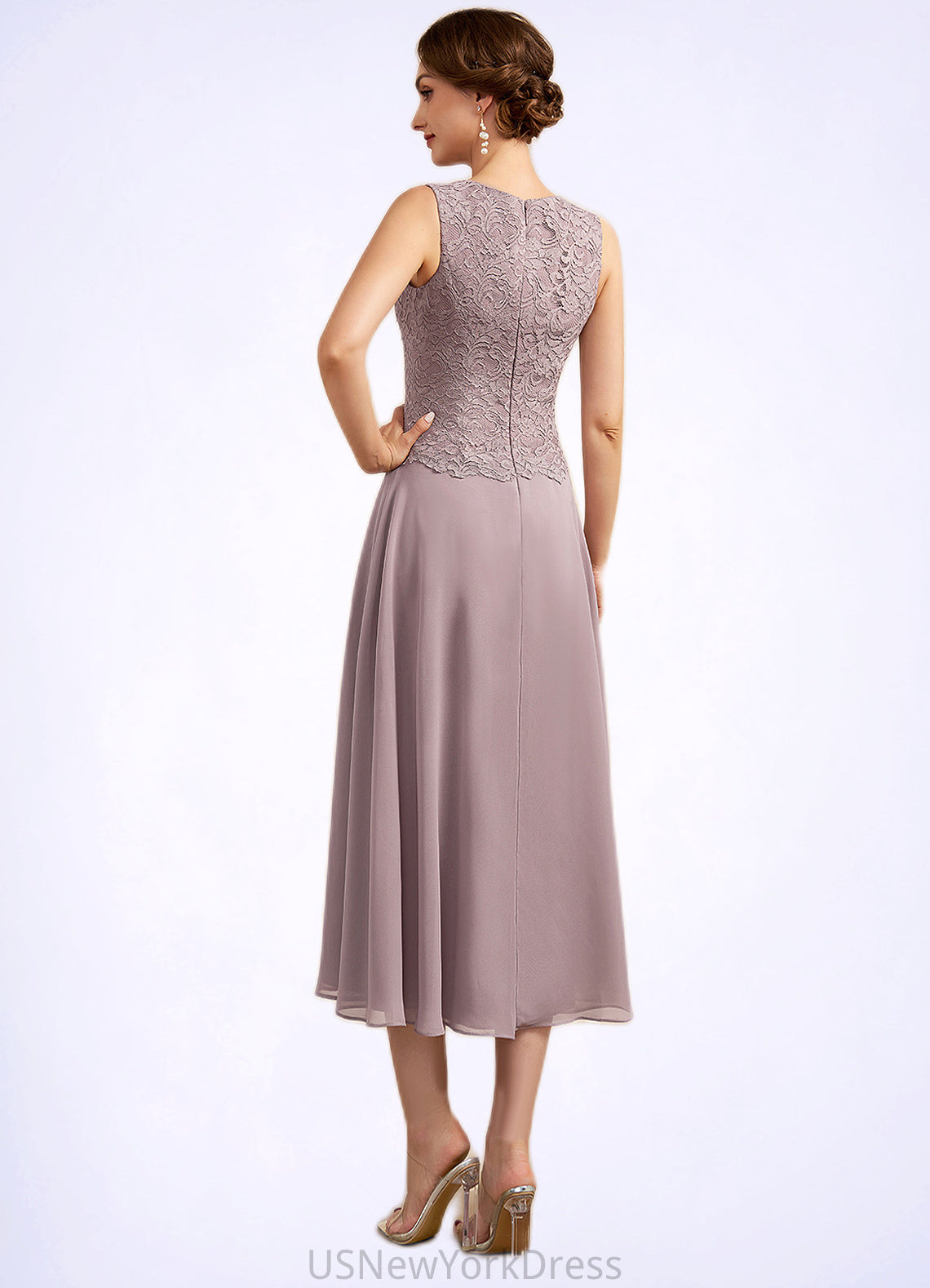 Nola A-Line Scoop Neck Tea-Length Chiffon Lace Mother of the Bride Dress DJ126P0014633