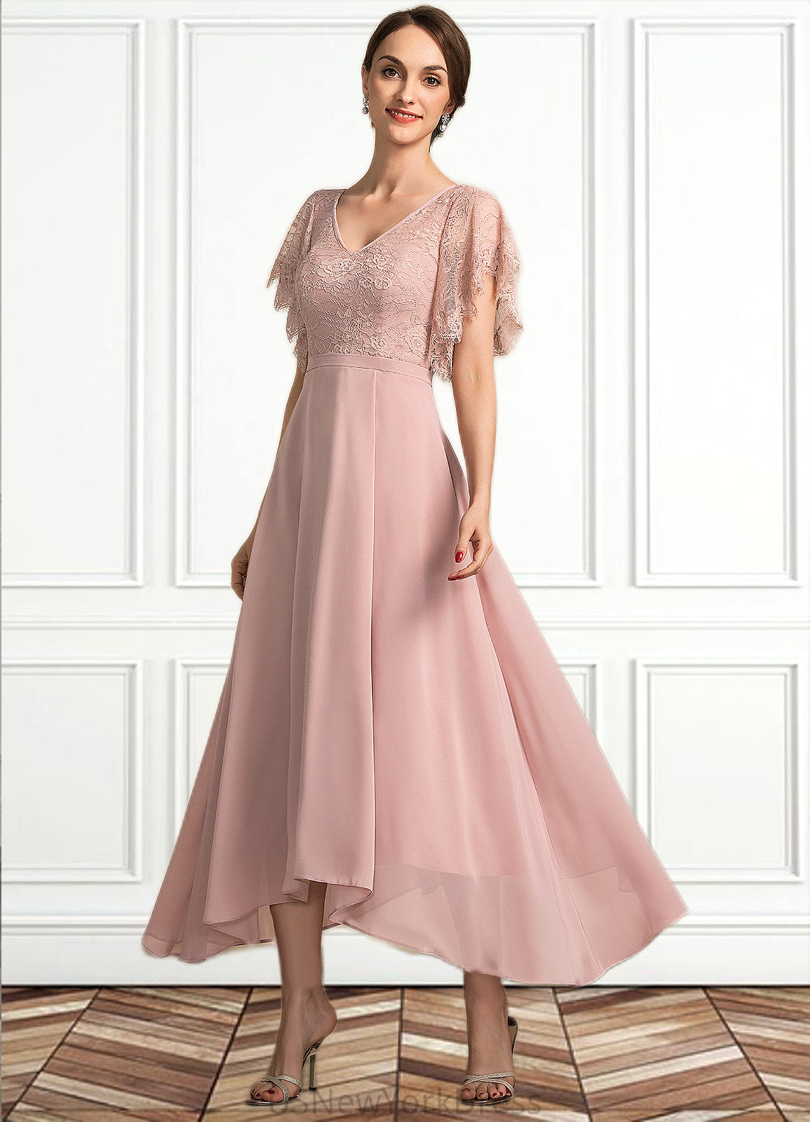 Ellie A-line V-Neck Ankle-Length Chiffon Lace Mother of the Bride Dress DJ126P0014636