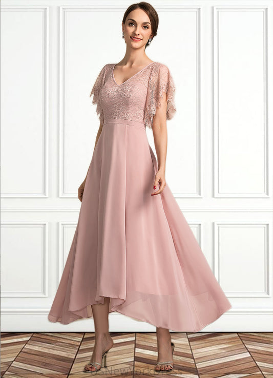 Ellie A-line V-Neck Ankle-Length Chiffon Lace Mother of the Bride Dress DJ126P0014636