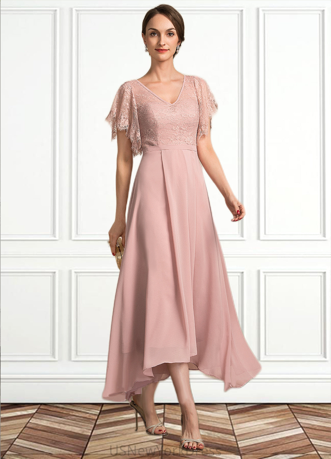 Ellie A-line V-Neck Ankle-Length Chiffon Lace Mother of the Bride Dress DJ126P0014636