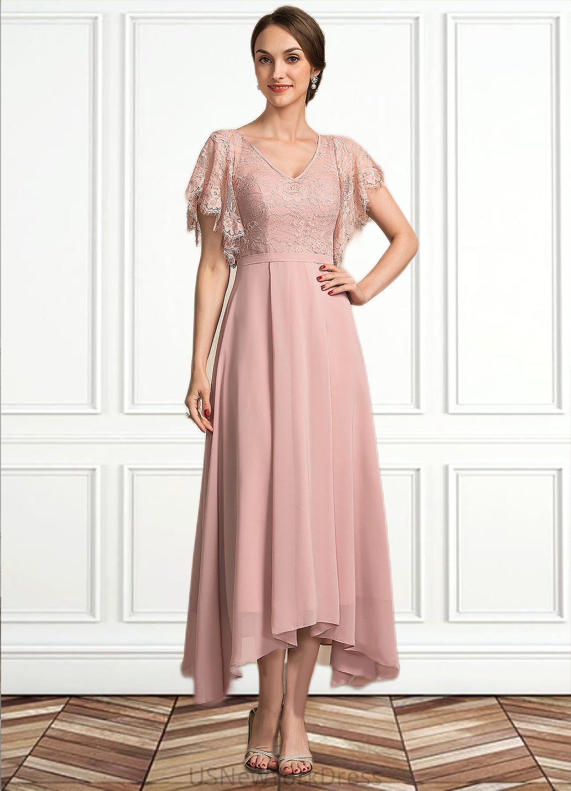 Ellie A-line V-Neck Ankle-Length Chiffon Lace Mother of the Bride Dress DJ126P0014636