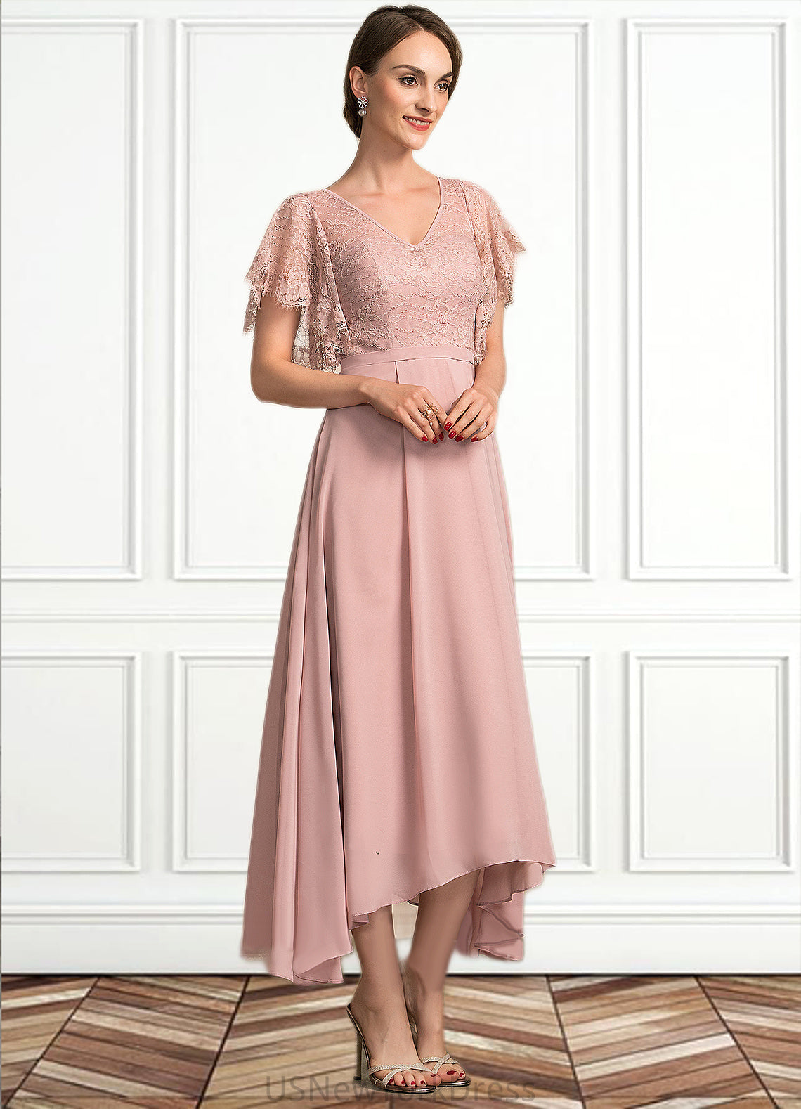 Ellie A-line V-Neck Ankle-Length Chiffon Lace Mother of the Bride Dress DJ126P0014636