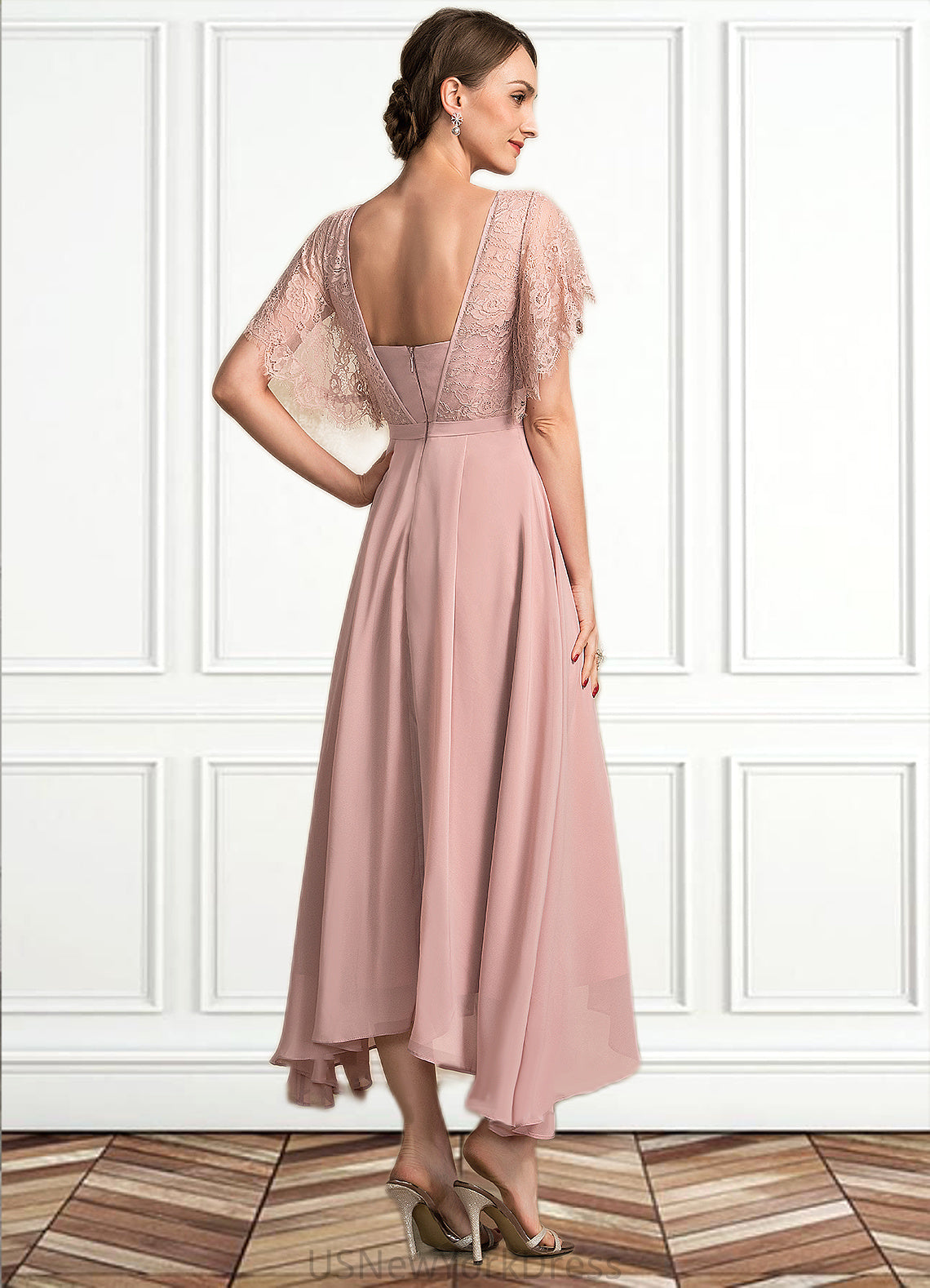 Ellie A-line V-Neck Ankle-Length Chiffon Lace Mother of the Bride Dress DJ126P0014636