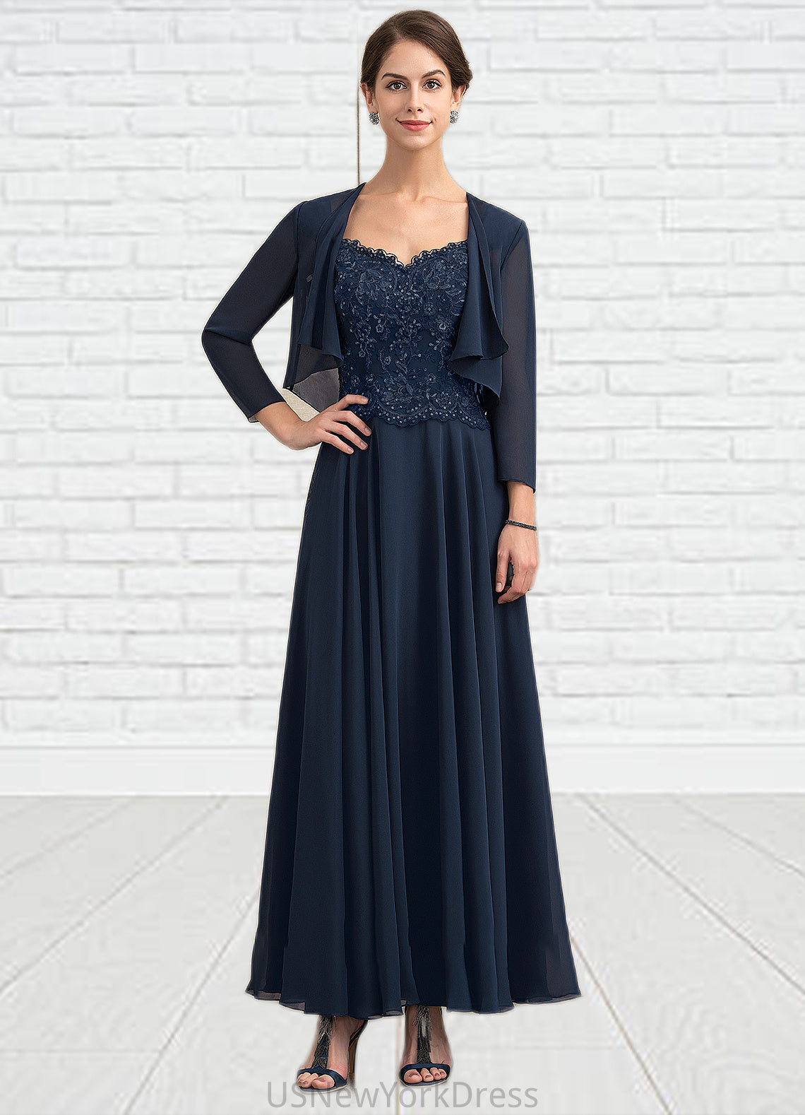 Maryjane A-line V-Neck Ankle-Length Chiffon Lace Mother of the Bride Dress With Sequins DJ126P0014637