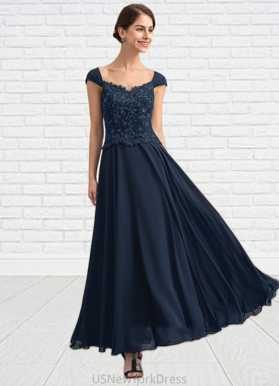 Maryjane A-line V-Neck Ankle-Length Chiffon Lace Mother of the Bride Dress With Sequins DJ126P0014637