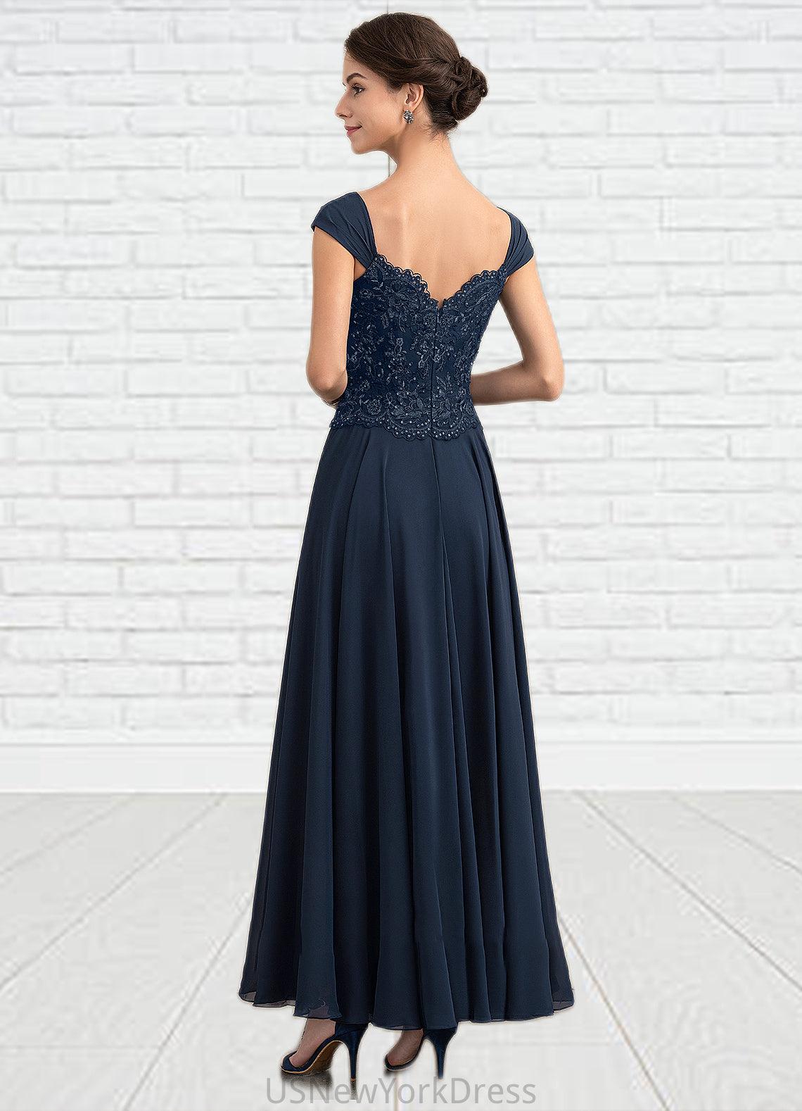 Maryjane A-line V-Neck Ankle-Length Chiffon Lace Mother of the Bride Dress With Sequins DJ126P0014637