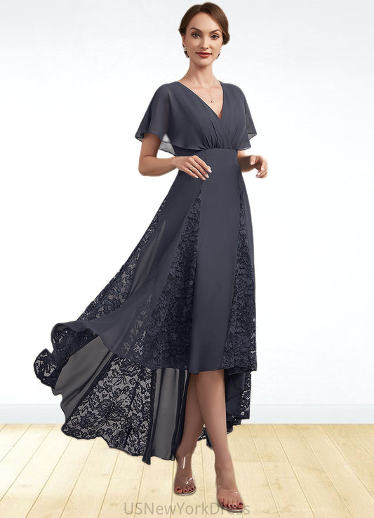 Christina A-Line V-neck Asymmetrical Chiffon Lace Mother of the Bride Dress With Ruffle DJ126P0014638