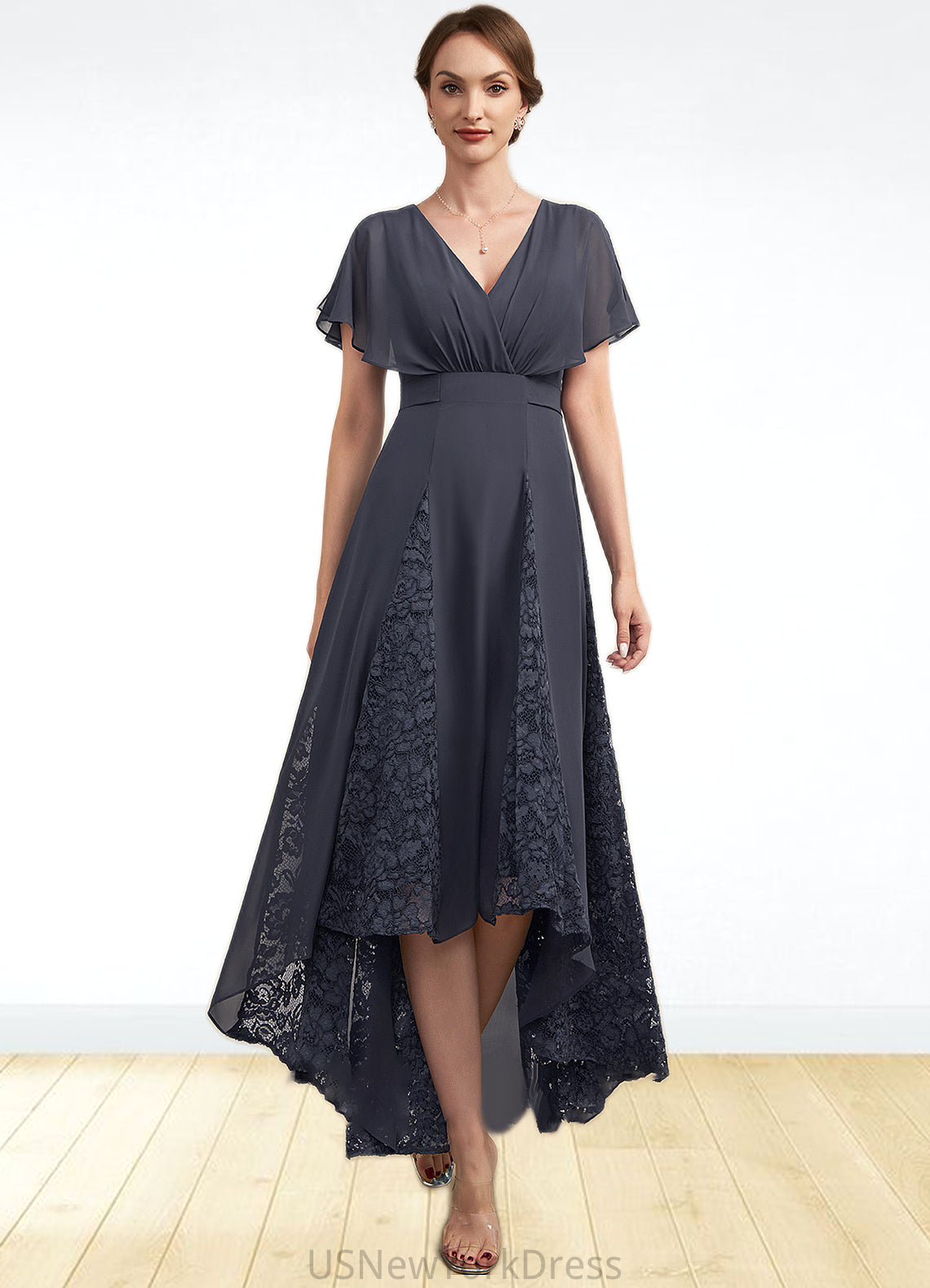 Christina A-Line V-neck Asymmetrical Chiffon Lace Mother of the Bride Dress With Ruffle DJ126P0014638