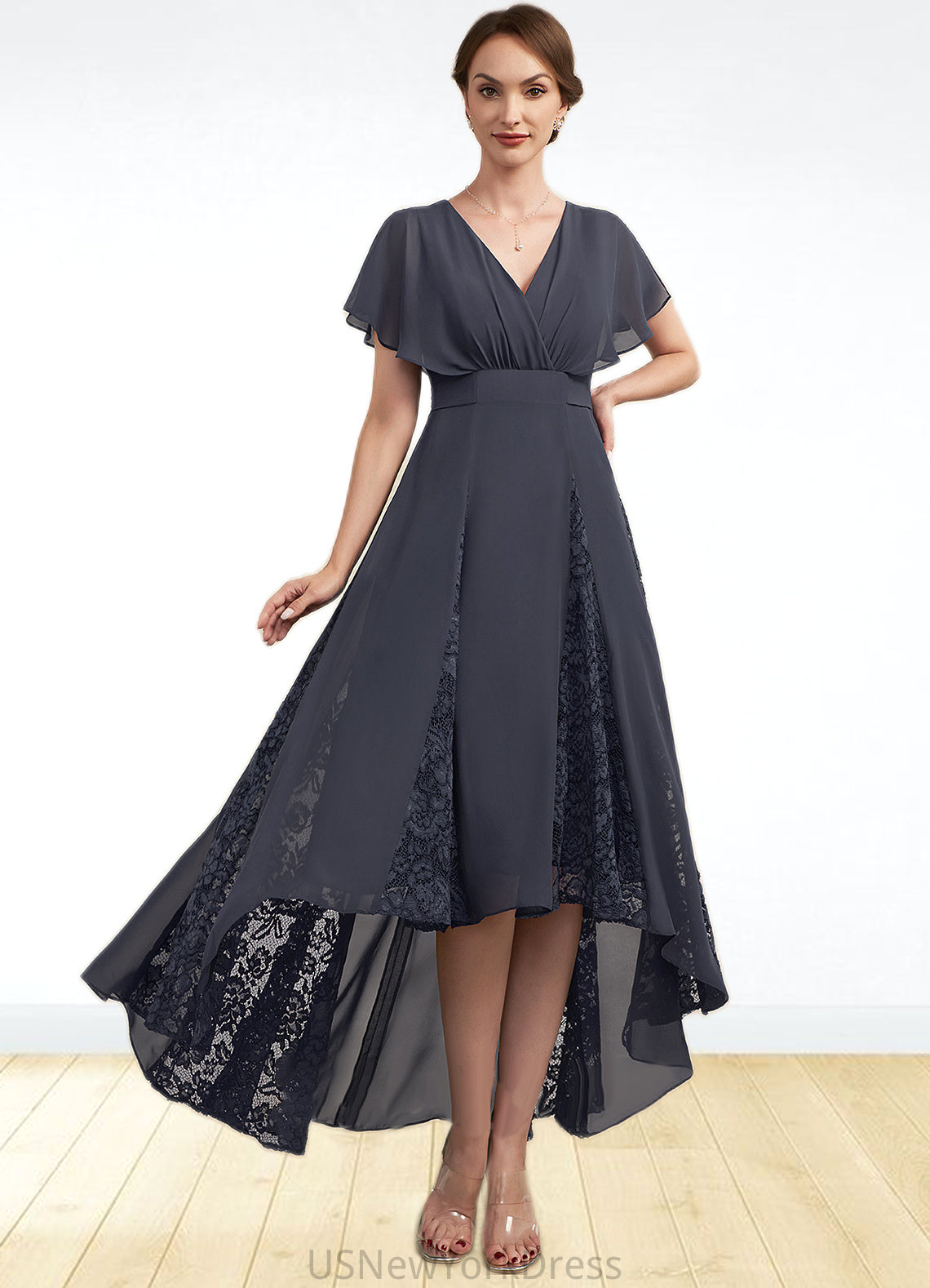 Christina A-Line V-neck Asymmetrical Chiffon Lace Mother of the Bride Dress With Ruffle DJ126P0014638