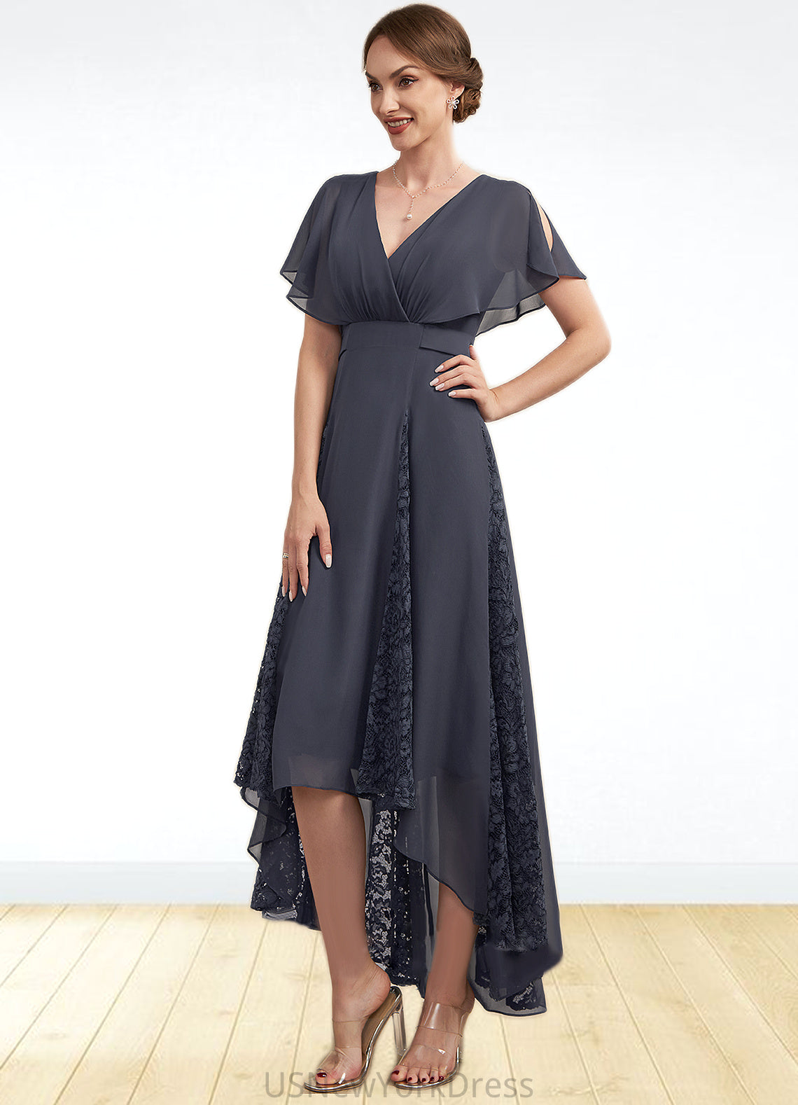 Christina A-Line V-neck Asymmetrical Chiffon Lace Mother of the Bride Dress With Ruffle DJ126P0014638