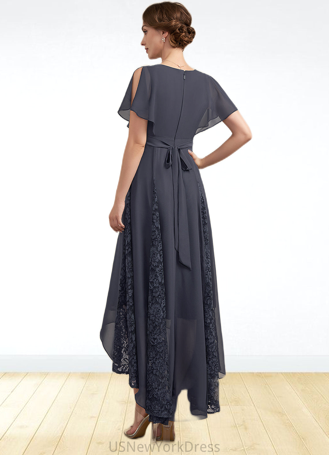 Christina A-Line V-neck Asymmetrical Chiffon Lace Mother of the Bride Dress With Ruffle DJ126P0014638