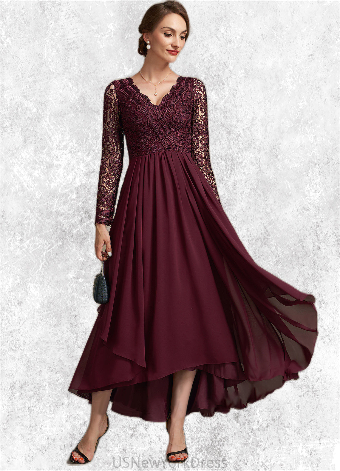 June A-line V-Neck Asymmetrical Chiffon Lace Mother of the Bride Dress DJ126P0014640