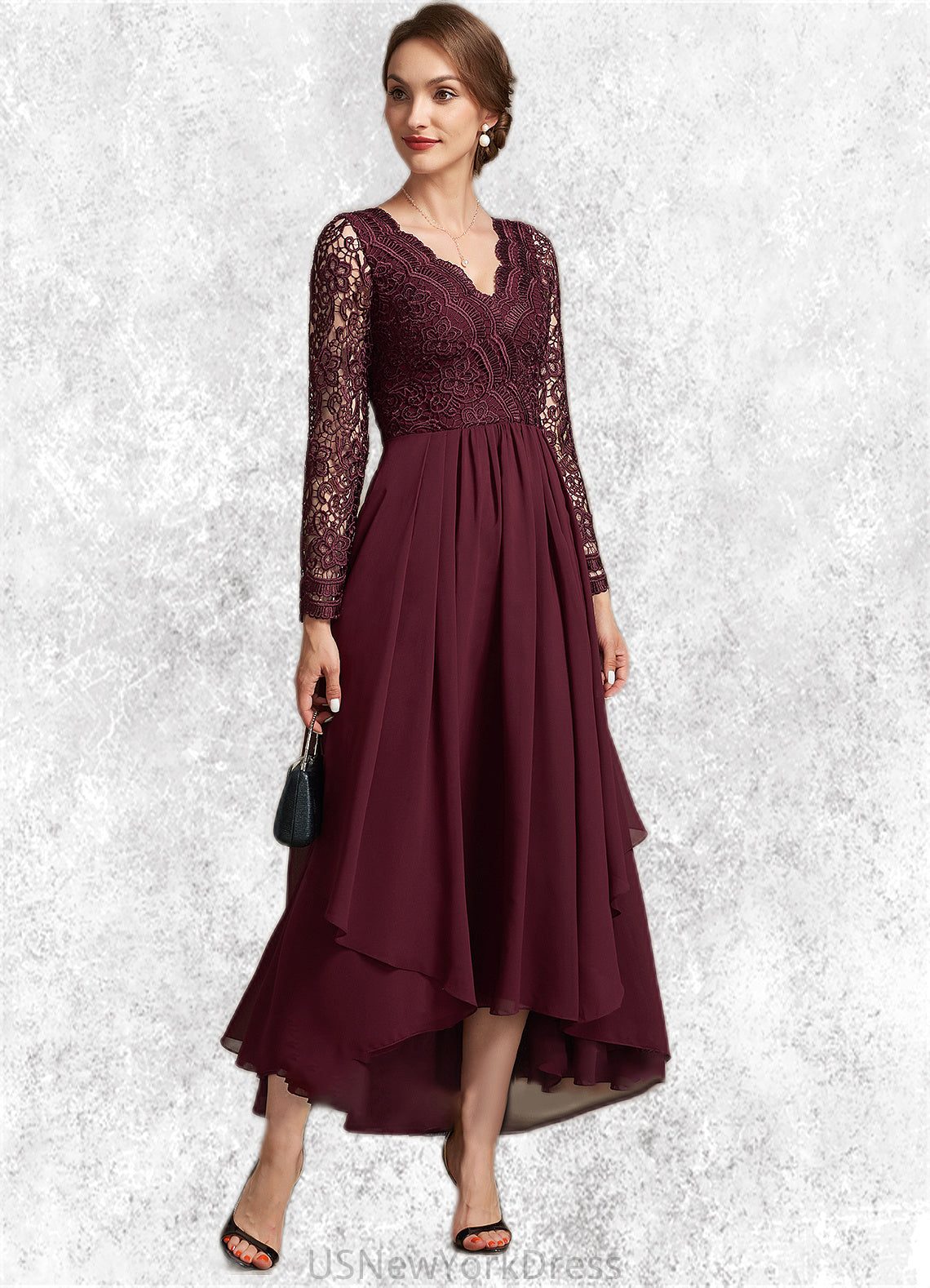 June A-line V-Neck Asymmetrical Chiffon Lace Mother of the Bride Dress DJ126P0014640