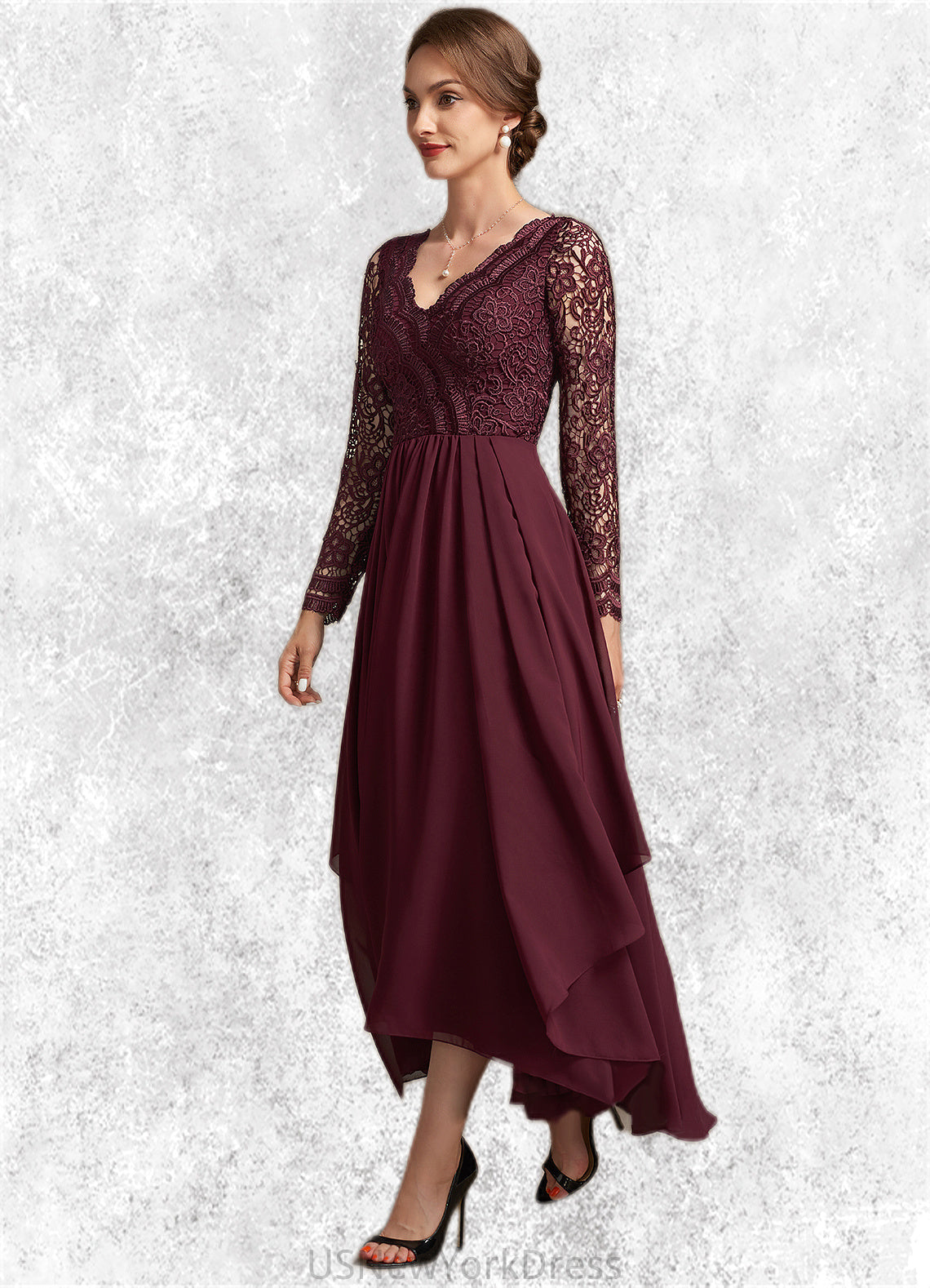 June A-line V-Neck Asymmetrical Chiffon Lace Mother of the Bride Dress DJ126P0014640