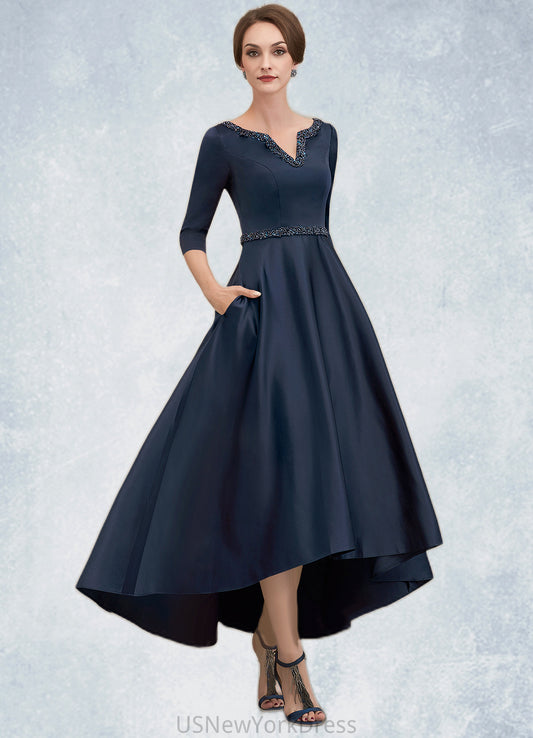 Emilia A-Line V-neck Asymmetrical Satin Mother of the Bride Dress With Beading Sequins Pockets DJ126P0014641