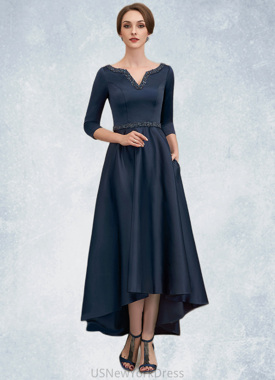 Emilia A-Line V-neck Asymmetrical Satin Mother of the Bride Dress With Beading Sequins Pockets DJ126P0014641