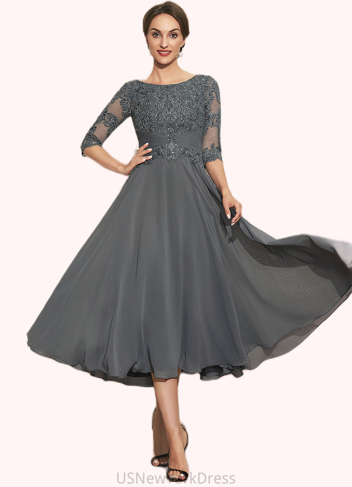 Ariana A-Line Scoop Neck Tea-Length Chiffon Lace Mother of the Bride Dress With Sequins DJ126P0014642