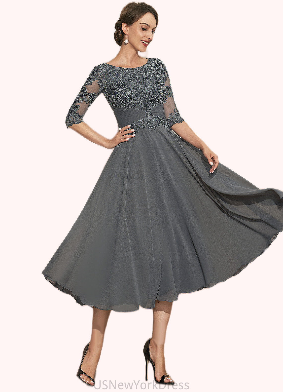 Ariana A-Line Scoop Neck Tea-Length Chiffon Lace Mother of the Bride Dress With Sequins DJ126P0014642