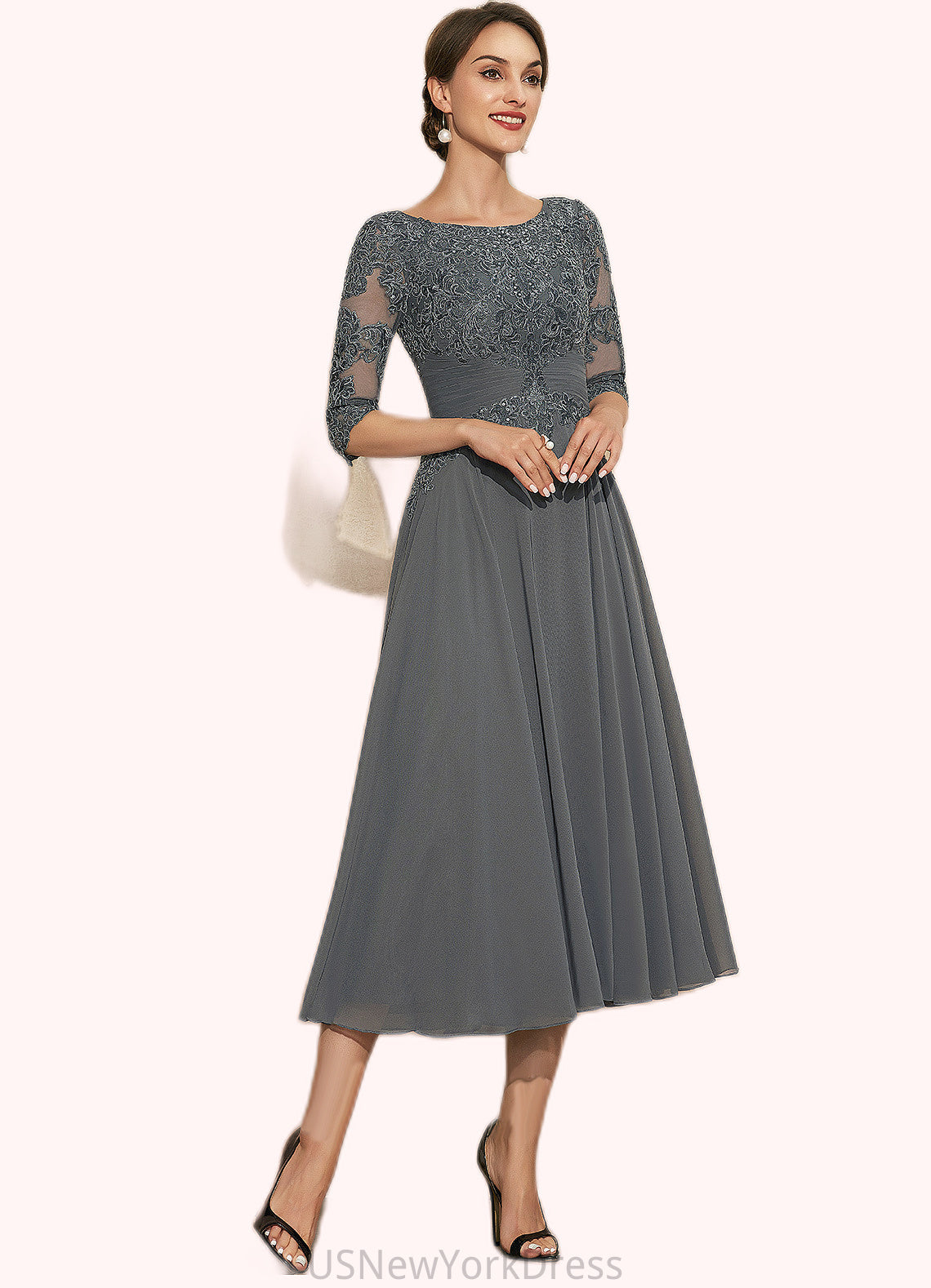 Ariana A-Line Scoop Neck Tea-Length Chiffon Lace Mother of the Bride Dress With Sequins DJ126P0014642