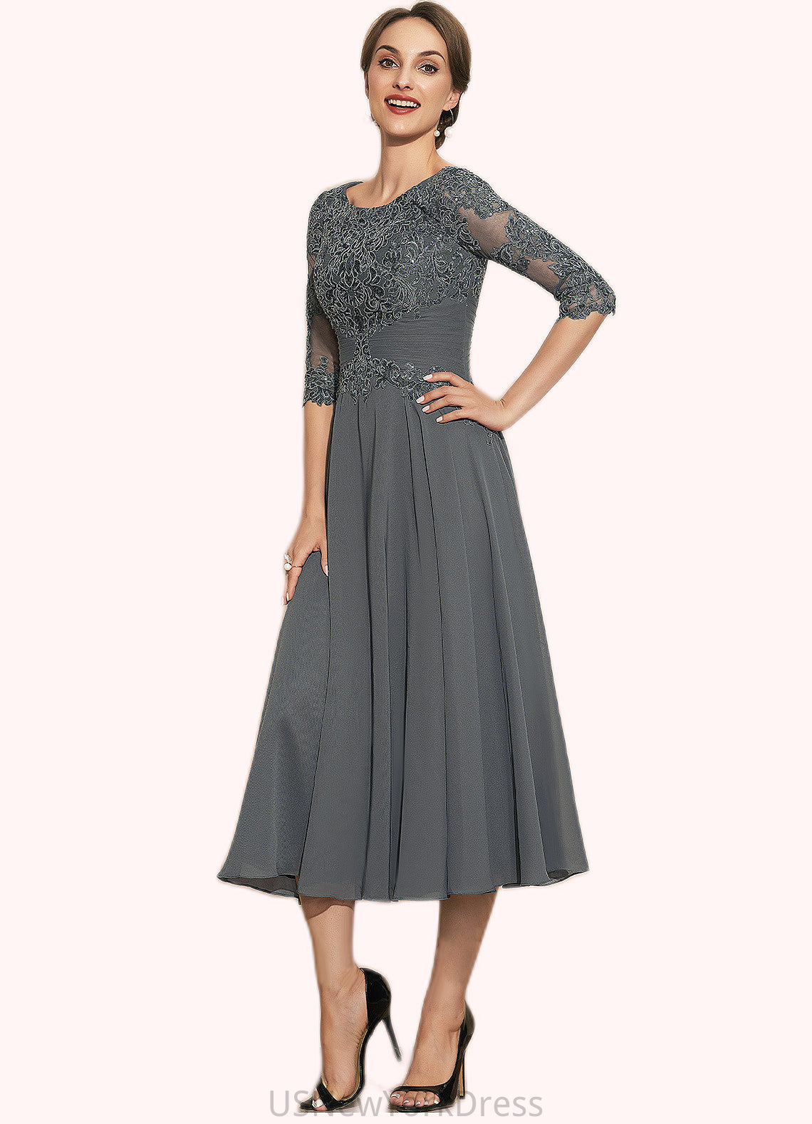 Ariana A-Line Scoop Neck Tea-Length Chiffon Lace Mother of the Bride Dress With Sequins DJ126P0014642