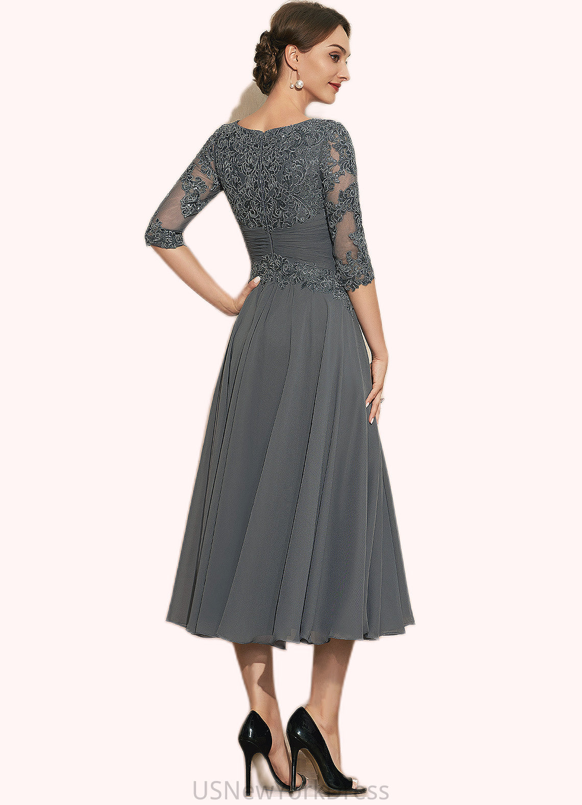 Ariana A-Line Scoop Neck Tea-Length Chiffon Lace Mother of the Bride Dress With Sequins DJ126P0014642