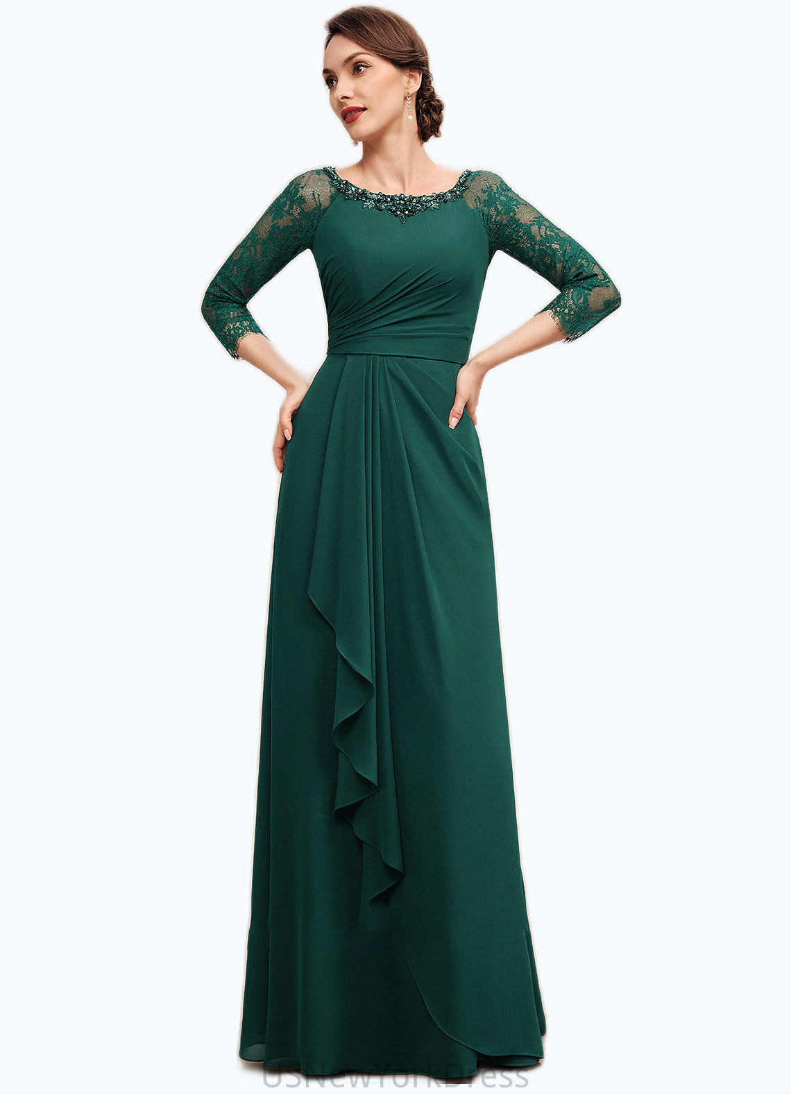 Marie A-Line Scoop Neck Floor-Length Chiffon Lace Mother of the Bride Dress With Beading Cascading Ruffles DJ126P0014643