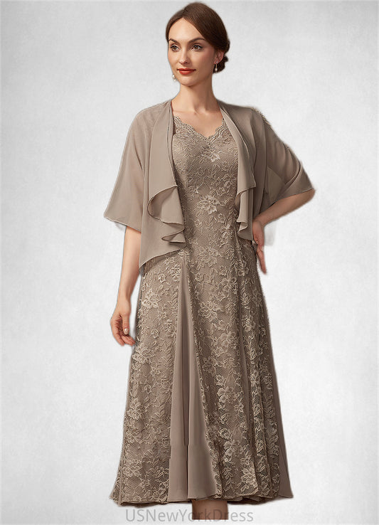 Cherish A-line V-Neck Tea-Length Chiffon Lace Mother of the Bride Dress DJ126P0014644