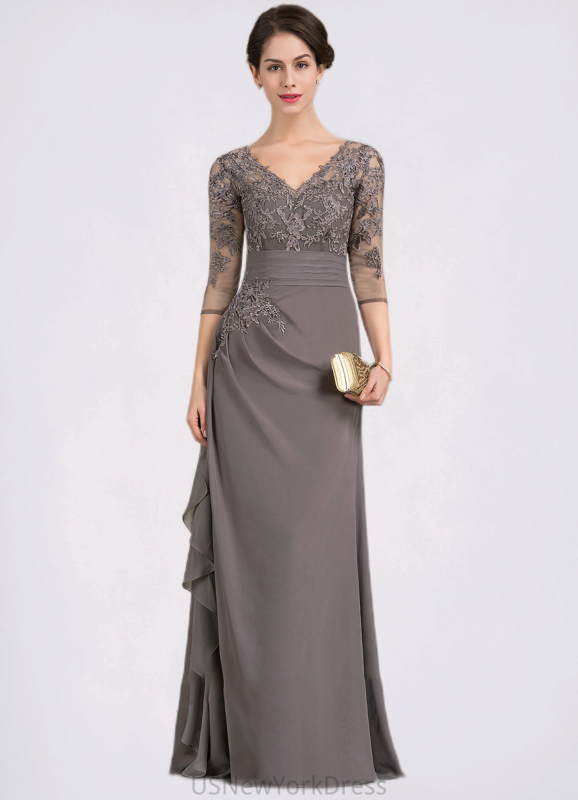 Maryjane A-line V-Neck Floor-Length Chiffon Lace Mother of the Bride Dress With Cascading Ruffles DJ126P0014645