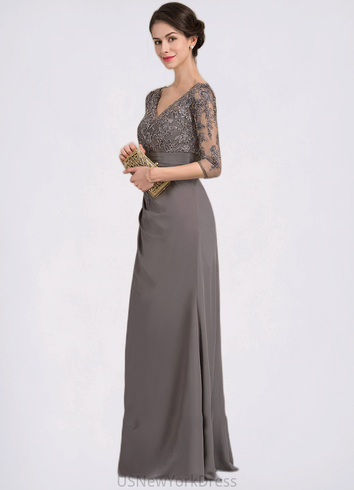 Maryjane A-line V-Neck Floor-Length Chiffon Lace Mother of the Bride Dress With Cascading Ruffles DJ126P0014645