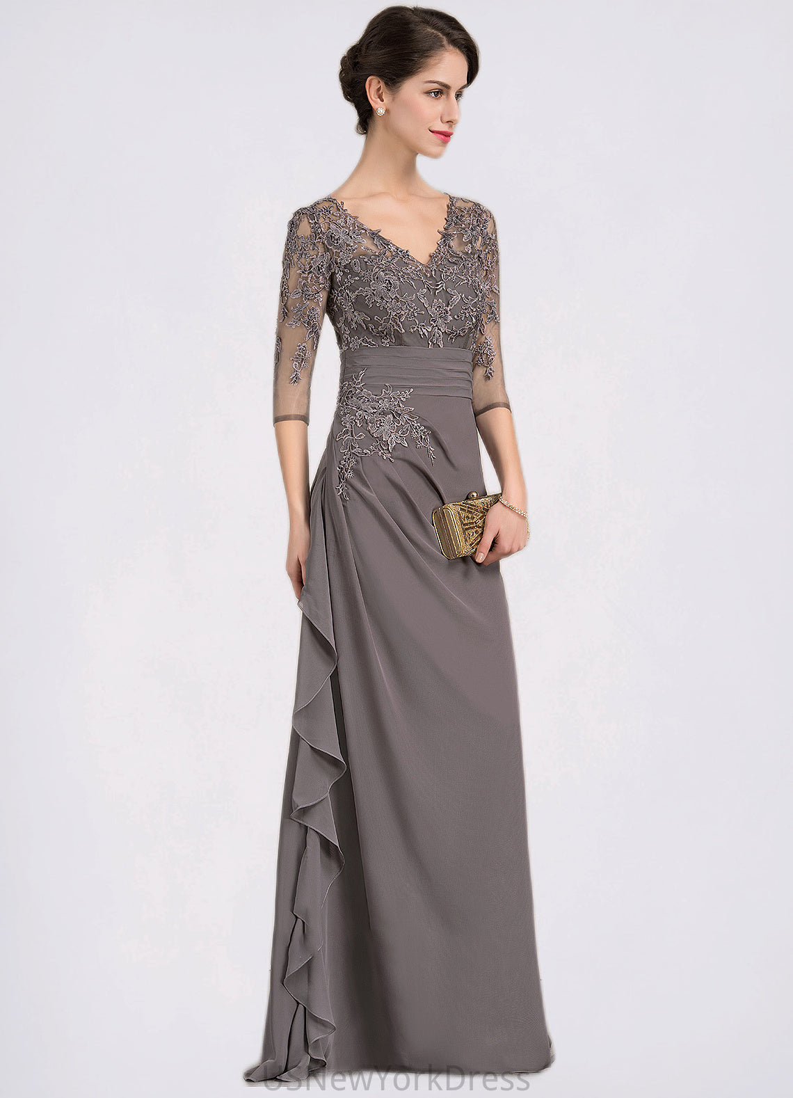 Maryjane A-line V-Neck Floor-Length Chiffon Lace Mother of the Bride Dress With Cascading Ruffles DJ126P0014645