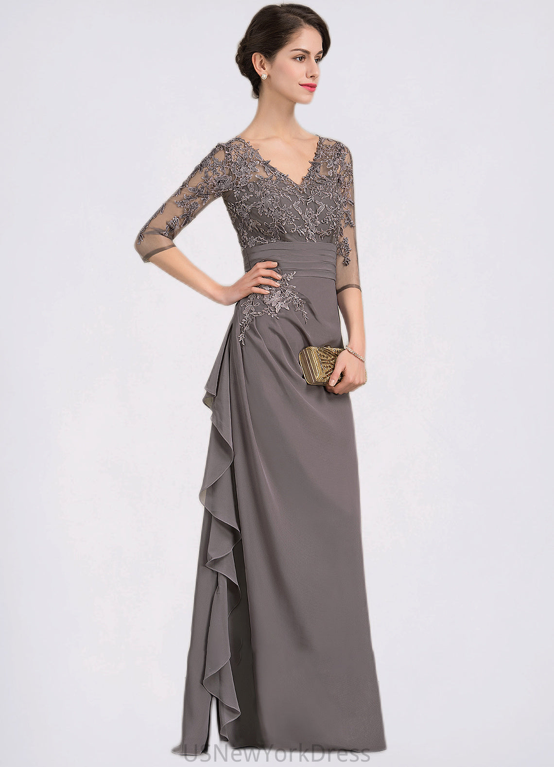 Maryjane A-line V-Neck Floor-Length Chiffon Lace Mother of the Bride Dress With Cascading Ruffles DJ126P0014645