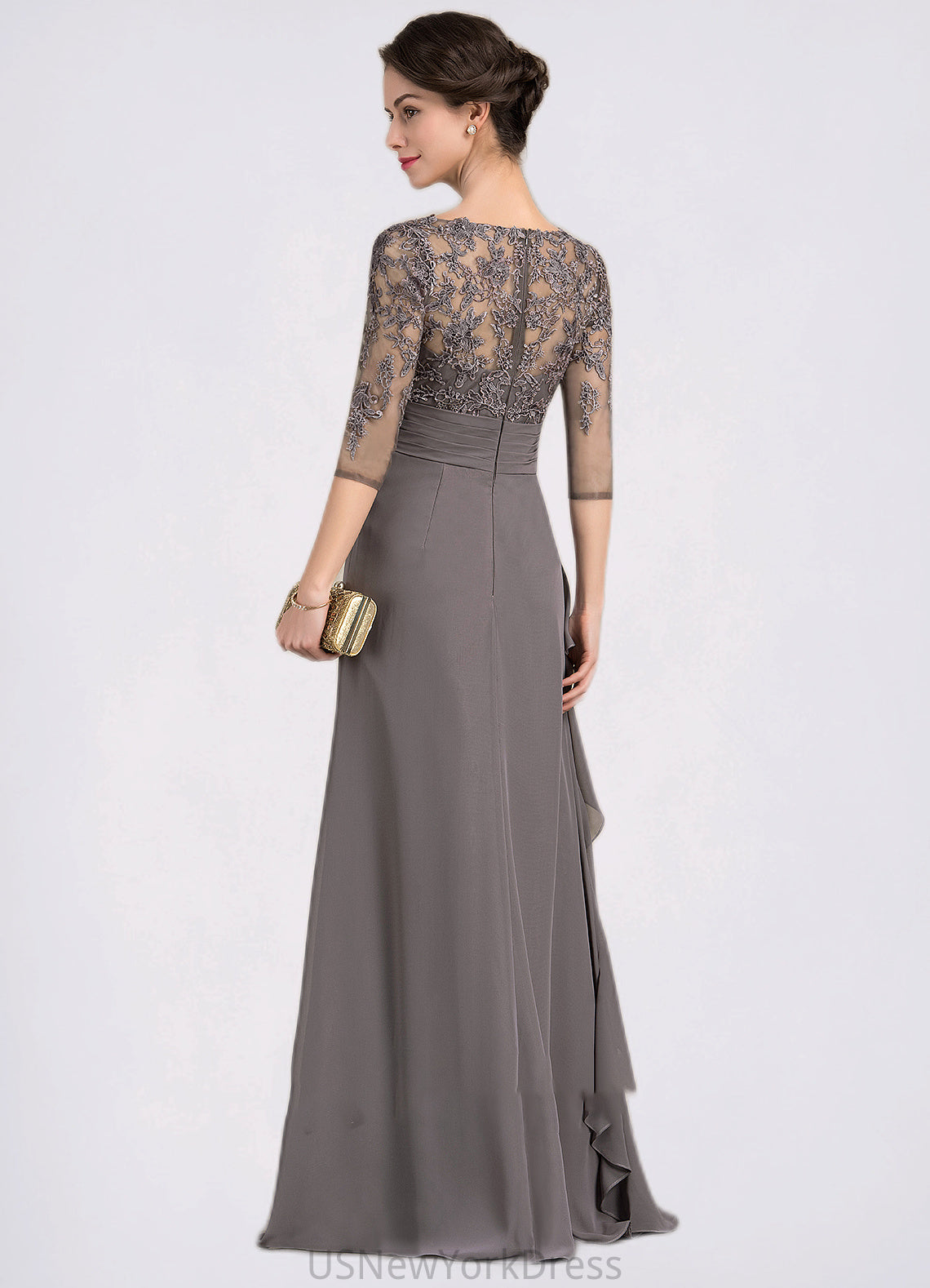 Maryjane A-line V-Neck Floor-Length Chiffon Lace Mother of the Bride Dress With Cascading Ruffles DJ126P0014645