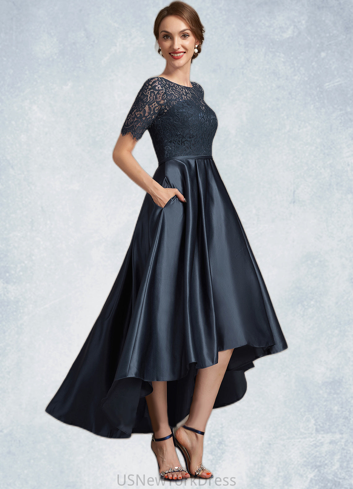 Mackenzie A-Line Scoop Neck Asymmetrical Satin Lace Mother of the Bride Dress DJ126P0014647